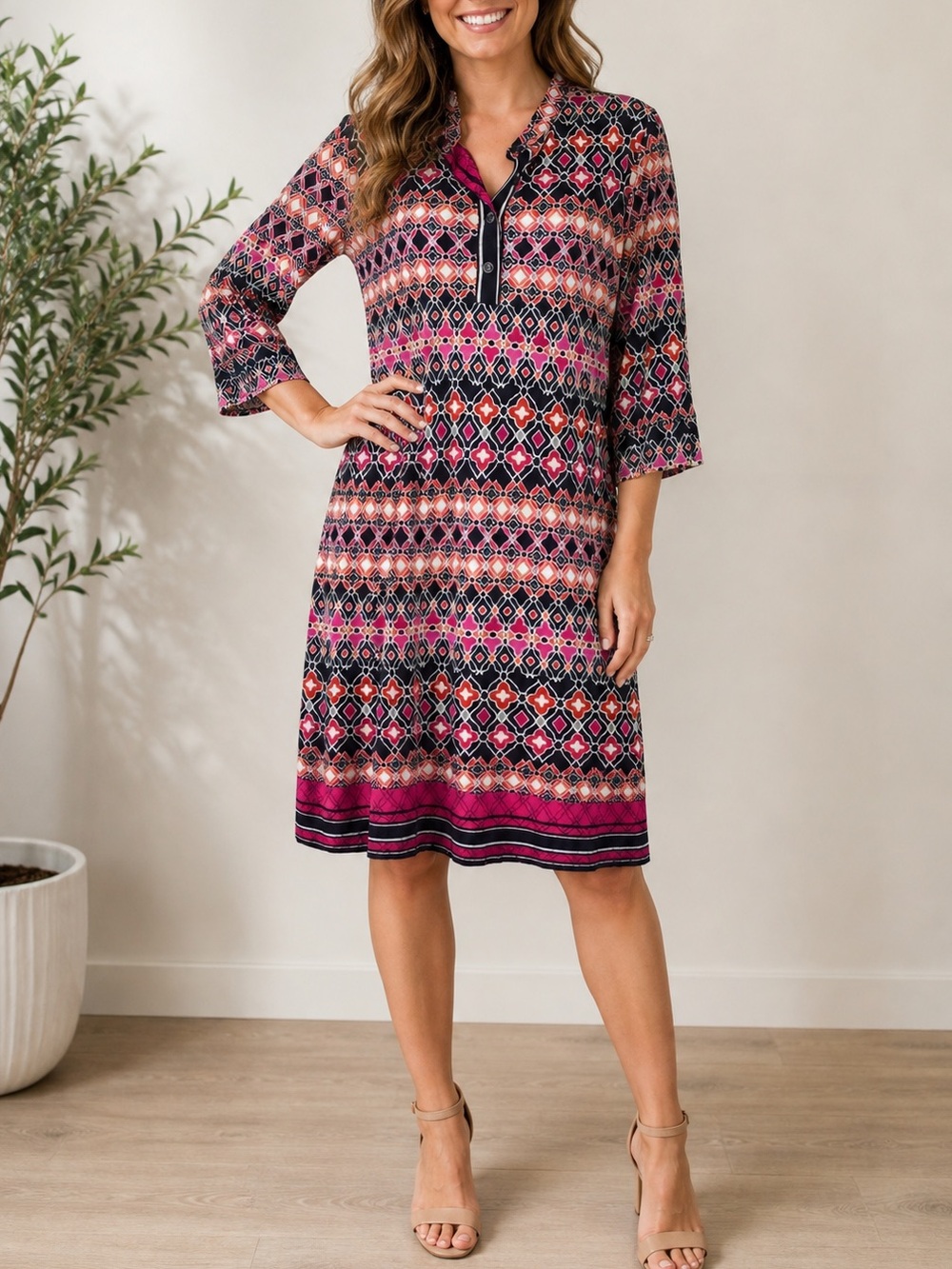 Laundry by Shelli Segal Shift Dress 3/4 Sleeve Button V-Neck Medium Geometric